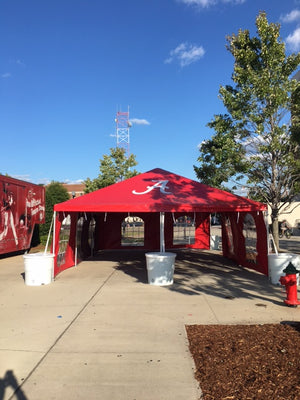 custom red frame tent with printed logo