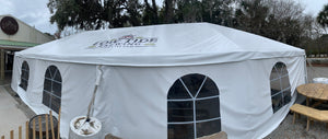 custom tent with window walls and printed logo